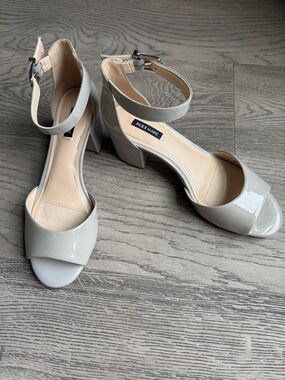 Alex Marie Light Gray Patent Block Heel Sandals with Ankle Strap